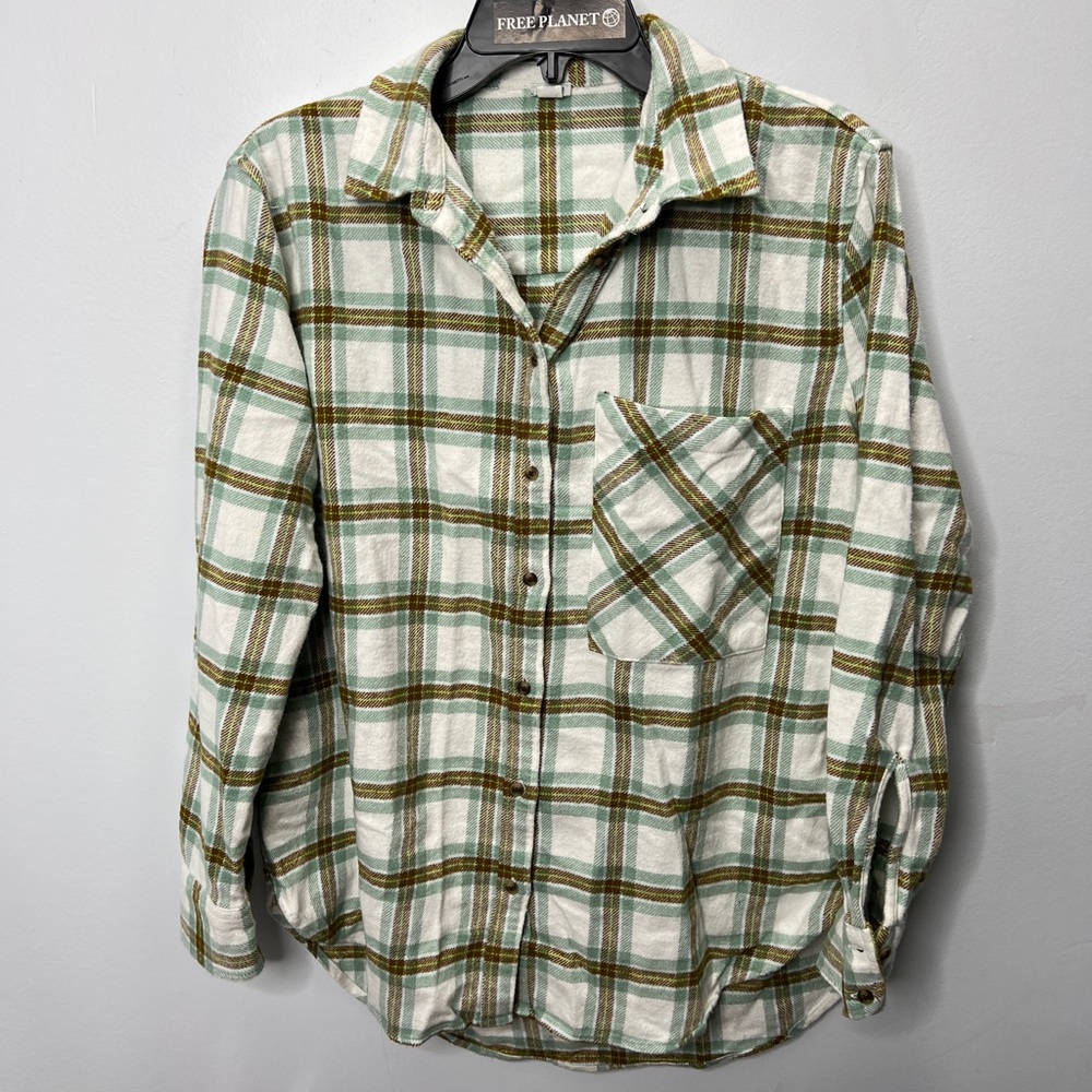 Aerie White Brown Sea Foam Oversized Boyfriend Fit Flannel Plaid Shirt
